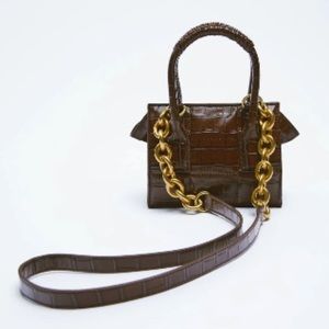 ZARA TINY PURSE CROC BROWN CROSSBODY WITH GOLD CHAIN NEW